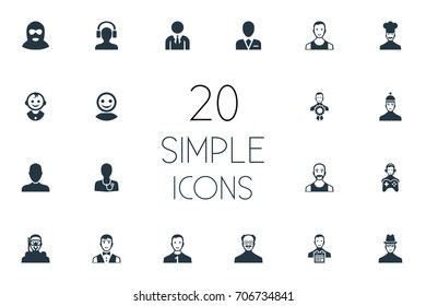 Vector Illustration Set Of Simple Avatar Icons. Elements Servant, Sportsman, Male With Headphone And Other Synonyms Doctor, Sportsman And Champion.