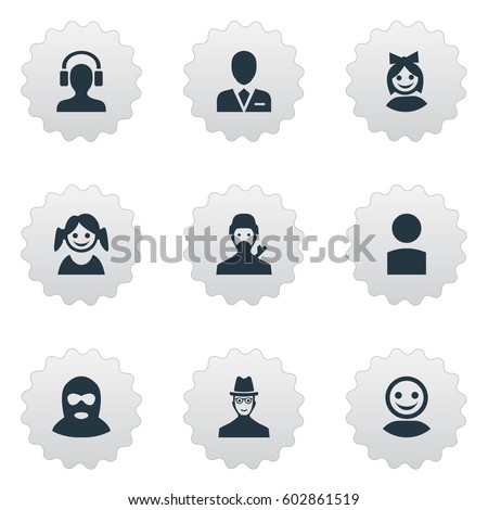 Vector Illustration Set Of Simple Avatar Icons. Elements Mysterious Man, Girl Face, Insider And Other Synonyms Little, Spy And Culprit.
