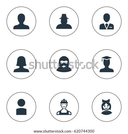Vector Illustration Set Of Simple Avatar Icons. Elements Felon, Postgraduate, Woman User And Other Synonyms Business, Culprit And Postgraduate.