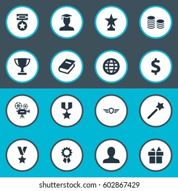 Vector Illustration Set Of Simple Awards Icons. Elements Miracle, Prize, Honor And Other Synonyms World, Prize And Present.