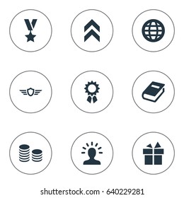 Vector Illustration Set Of Simple Awards Icons. Elements Present, Growth Diagram, Literature And Other Synonyms Reward, Emblem And Award.