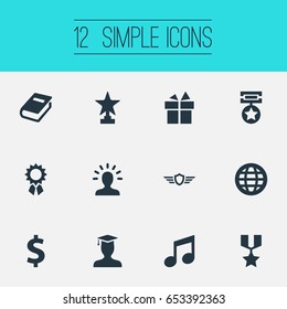 Vector Illustration Set Of Simple Awards Icons. Elements Melody, Postgraduate, World And Other Synonyms Champion, Wings And Award.