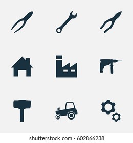 Vector Illustration Set Of Simple Axe Icons. Elements Wrench, Clipping Tool, Clamping Instrument And Other Synonyms Agriculture, Gears And Engineering.