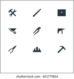 Vector Illustration Set Of Simple Axe Icons. Elements Adjustable Wrench, Fretsaw, Workshop And Other Synonyms Screwdriver, Hardhat And Equipment.