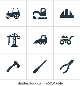 Vector Illustration Set Of Simple Axe Icons. Elements Loaded Trolley, Agriculture Transport, Helmet And Other Synonyms Excavator, Digger And Chisel.