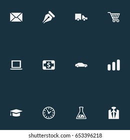 Vector Illustration Set Of Simple B2B Icons. Elements Truck, Automobile, Level Up And Other Synonyms Flask, Suit And Nib.