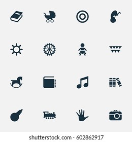 Vector Illustration Set Of Simple Baby Icons. Elements Fetus, Stroller, Melody And Other Synonyms Enema, Encyclopedia And Rudder.
