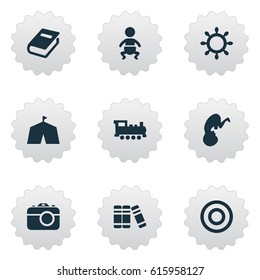 Vector Illustration Set Of Simple Baby Icons. Elements Tent, Train, Board And Other Synonyms Book, Show And Kid.