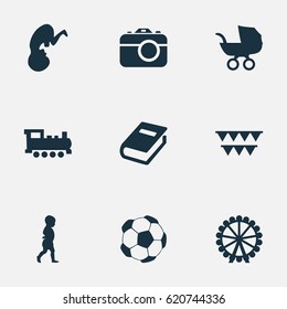 Vector Illustration Set Of Simple Baby Icons. Elements Stroller, Soccer, Ferris Wheel And Other Synonyms Carnaval, Photo And Moments.