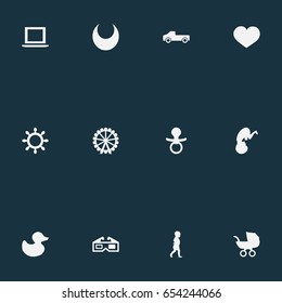 Vector Illustration Set Of Simple Baby Icons. Elements Ferris Wheel, Rudder, Stereo Movie And Other Synonyms Embryo, Movie And Rubber.