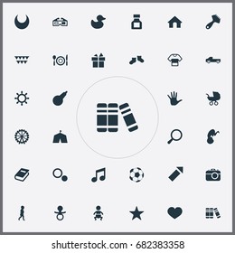 Vector Illustration Set Of Simple Baby Icons. Elements Dictionary, Sparkler, Stereo Movie And Other Synonyms Book, Firework And Rubber.