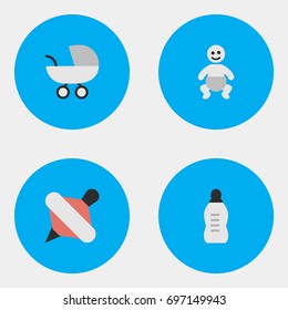 Vector Illustration Set Of Simple Baby Icons. Elements Stroller, Vial, Child And Other Synonyms Yule, Child And Milk.