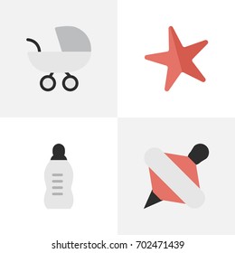Vector Illustration Set Of Simple Baby Icons. Elements Vial, Stroller, Toy And Other Synonyms Baby, Toy And Milk.