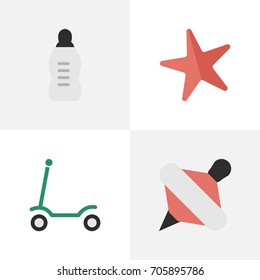 Vector Illustration Set Of Simple Baby Icons. Elements Yule, Toy, Kick And Other Synonyms Scooter, Milk And Moped.