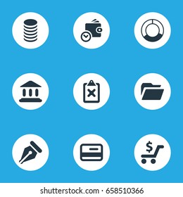 Vector Illustration Set Of Simple Banking Icons. Elements Circle Diagram, Court, Cross On Clipboard And Other Synonyms File, Documents And Circle.