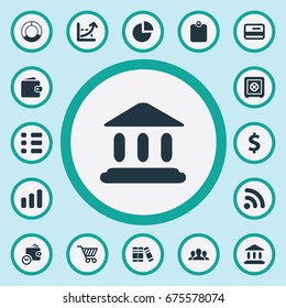 Vector Illustration Set Of Simple Banking Icons. Elements Court, Wireless Connection, Billfold And Other Synonyms Segmentation, Shopping And Sales.