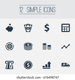 Vector Illustration Set Of Simple Banking Icons. Elements International Business, Interest, Analytics And Other Synonyms Moneybox, Truck And Armored.