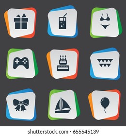 Vector Illustration Set Of Simple Banquet Icons. Elements Bells, Garland, Birthday Pie Synonyms Balloon, Straw And Bow.