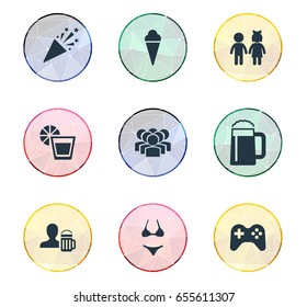 Vector Illustration Set Of Simple Banquet Icons. Elements Beachwear, Lemonade, Children And Other Synonyms People, Ice And Pub.