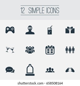Vector Illustration Set Of Simple Banquet Icons. Elements Correspondence, Parcel, Wineglasses And Other Synonyms Dialogue, Caller And Surprise.