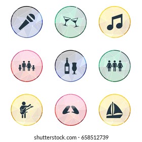 Vector Illustration Set Of Simple Banquet Icons. Elements Collective, Guest, Palm And Other Synonyms Guitarist, Champagne And Bottle.