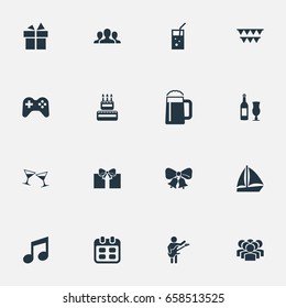 Vector Illustration Set Of Simple Banquet Icons. Elements Ale, Surprise, Date And Other Synonyms Candles, Wineglass And Music.
