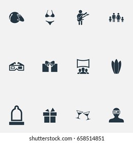 Vector Illustration Set Of Simple Banquet Icons. Elements Beachwear, Guitar Player, 3D And Other Synonyms Champagne, Celebration And Gift.