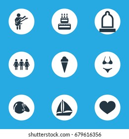 Vector Illustration Set Of Simple Banquet Icons. Elements Guest, Birthday Pie, Sail Yacht And Other Synonyms Sea, Cake And Yachting.