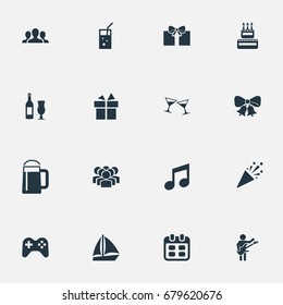 Vector Illustration Set Of Simple Banquet Icons. Elements Sail Yacht, Wineglasses, Guitar Player And Other Synonyms Cake, Present And Gamepad.