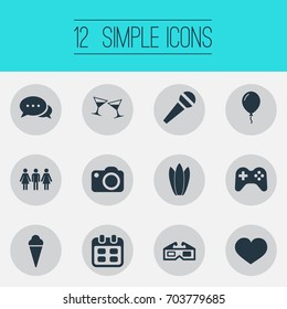 Vector Illustration Set Of Simple Banquet Icons. Elements Joystick, 3D, Water Lily And Other Synonyms Sorbet, Camera And Party.