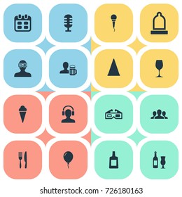 Vector Illustration Set Of Simple Banquet Icons. Elements Knife, Microphone, 3D And Other Synonyms Company, Cone And Mike.
