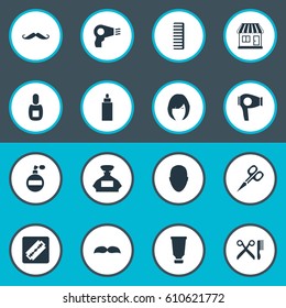 Vector Illustration Set Of Simple Barber Icons. Elements Shaver, Hair, Beard And Other Synonyms Store, Man And Scent.