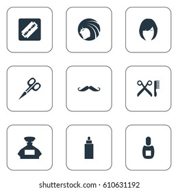 Vector Illustration Set Of Simple Barber Icons. Elements Container, Glamour Lady, Hair And Other Synonyms Vial, Lady And Scent.