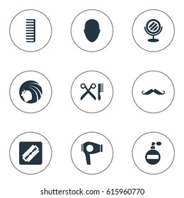 Vector Illustration Set Of Simple Barber Icons. Elements Human, Shaver, Aroma And Other Synonyms Man, Razor And Machine.