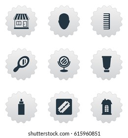 Vector Illustration Set Of Simple Barber Icons. Elements Reflector, Shaver, Human And Other Synonyms Razor, Store And Construction.