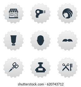 Vector Illustration Set Of Simple Barber Icons. Elements Bottle, Beard, Supermarket And Other Synonyms Beard, Scissors And Male.