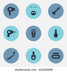 Vector Illustration Set Of Simple Barber Icons. Elements Flask, Stylish Beard, Electric Shaver And Other Synonyms Brush, Polish And Bottle.