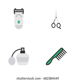 Vector Illustration Set Of Simple Barber Icons. Elements Scissors, Electronic, Hairbrush And Other Synonyms Comb, Machine And Fragrance.