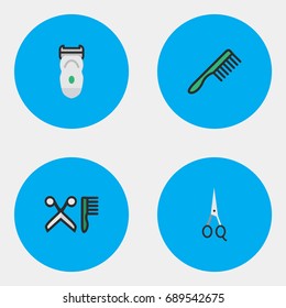 Vector Illustration Set Of Simple Barber Icons. Elements Hairbrush, Electronic, Scissors And Other Synonyms Shear, Machine And Clippers.
