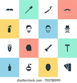Vector Illustration Set Of Simple Barber Icons. Elements Aerosol, Cosmetic Bottle, Utencil And Other Synonyms Handle, Face And Man.