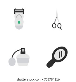Vector Illustration Set Of Simple Barber Icons. Elements Electronic, Glass, Scissors And Other Synonyms Scissors, Glass And Mirror.