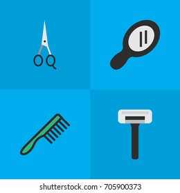 Vector Illustration Set Of Simple Barber Icons. Elements Shaver, Glass, Hairbrush And Other Synonyms Comb, Tool And Speculum.