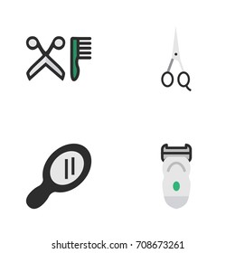 Vector Illustration Set Of Simple Barber Icons. Elements Electronic, Glass, Comb And Other Synonyms Electronic, Slavering And Shear.