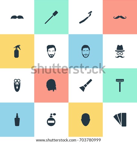 Vector Illustration Set Of Simple Barber Icons. Elements Aerosol, Cosmetic Bottle, Utencil And Other Synonyms Handle, Face And Man.