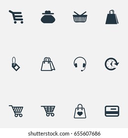 Vector Illustration Set Of Simple Basket Icons. Elements Buy Button, Paper Bag, Package And Other Synonyms Paper, Entertainment And Online.