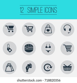 Vector Illustration Set Of Simple Basket Icons. Elements Paper Bag, Electronics, Wallet And Other Synonyms Plastic, Shop And Tag.