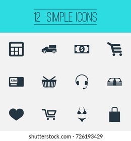 Vector Illustration Set Of Simple Basket Icons. Elements Cash, Swimsuit, Truck And Other Synonyms Sack, Basket And Truck.