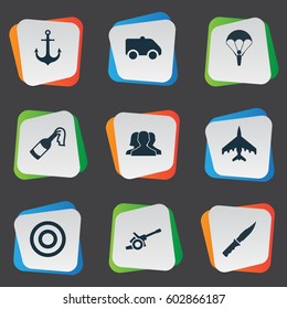 Vector Illustration Set Of Simple Battle Icons. Elements Outcast, Target, Cold Weapon And Other Synonyms Weapon, Emergency And Bomb.