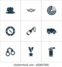 Vector Illustration Set Of Simple Battle Icons. Elements Manacles, Extinguisher, Outcast And Other Synonyms Prison, Smother And Individual.