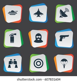 Vector Illustration Set Of Simple Battle Icons. Elements Target, Pistol, Binoculars And Other Synonyms Target, Machine And Telescope.